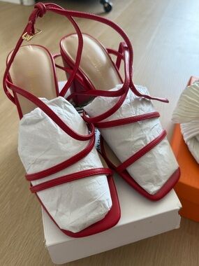 Red Strappy Square-Toe Women's Heels